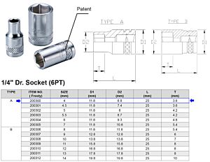 VASO 1/4” 6 CARAS MÉTRICO 4 MM