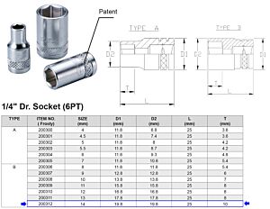 VASO 1/4” 6 CARAS MÉTRICO 14 MM