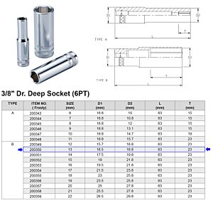 3/8” 6-KANT DOP 13 MM LANGE UITVOERING