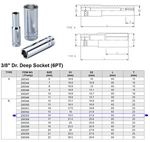 3/8” 6-KANT DOP 16 MM LANGE UITVOERING