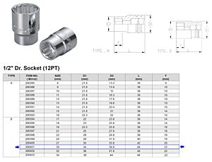 DOUILLE CHROMÉE 1/2” 12 PANS MÉTRIQUE 30 MM