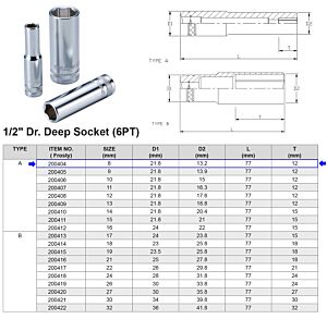 1/2” 6-KANT DOP 8 MM LANGE UITVOERING