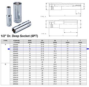 1/2” 6-KANT DOP 10 MM LANGE UITVOERING