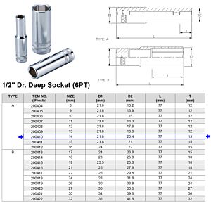 1/2” 6-KANT DOP 14 MM LANGE UITVOERING
