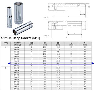 1/2” 6-KANT DOP 15 MM LANGE UITVOERING