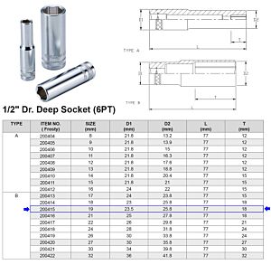 1/2” 6-KANT DOP 19 MM LANGE UITVOERING