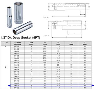 1/2” 6-KANT DOP 30 MM LANGE UITVOERING